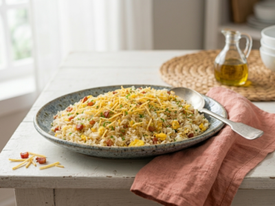 Travessa de cerâmica artesanal cheia de arroz biro biro. O arroz é misturado com pedaços visíveis de ovos mexidos, bacon crocante, batata palha e cebolinha picada. A travessa repousa sobre uma mesa de madeira branca rústica. Próximo a ela, há um pano de prato de linho coral dobrado. Uma grande colher de servir de prata está na travessa. Ao fundo, uma janela e elementos de cozinha desfocados.