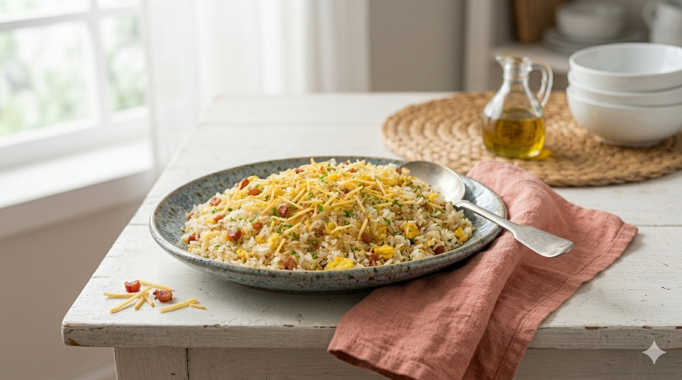 Travessa de cerâmica artesanal cheia de arroz biro biro. O arroz é misturado com pedaços visíveis de ovos mexidos, bacon crocante, batata palha e cebolinha picada. A travessa repousa sobre uma mesa de madeira branca rústica. Próximo a ela, há um pano de prato de linho coral dobrado. Uma grande colher de servir de prata está na travessa. Ao fundo, uma janela e elementos de cozinha desfocados.