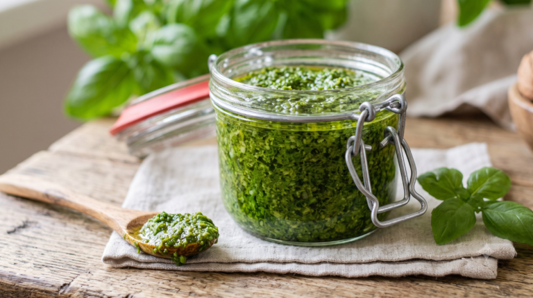 m close-up de um pote de vidro de molho pesto de manjericão fresco em uma mesa de madeira. O pote é transparente e mostra o pesto verde-vibrante. Há um pequeno ramo de manjericão fresco ao lado do pote. O fundo é levemente borrado, mas mostra uma panela de ferro fundido e outras tigelas pequenas.