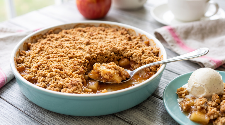 Um close de uma travessa redonda de cerâmica azul-petróleo de dar água na boca, recheada com crumble de maçã dourado e crocante, repousa sobre uma mesa de madeira envelhecida. Uma colher de prata levanta uma porção do crumble, revelando as maçãs cozidas e caramelizadas por baixo. À direita, um prato menor contém uma colherada de crumble quente coberta com uma bola de sorvete de baunilha cremoso com sementes de baunilha. O fundo é suavemente desfocado, mostrando uma janela com luz natural, uma maçã vermelha, uma xícara de chá branca e um guardanapo de linho com listras vermelhas. A iluminação é natural e convidativa, criando uma cena acolhedora e deliciosa.